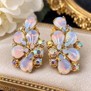 Vintage LERU Clip On Earrings 1" Opalescent Lucite AB Rhinestone Gold Tone